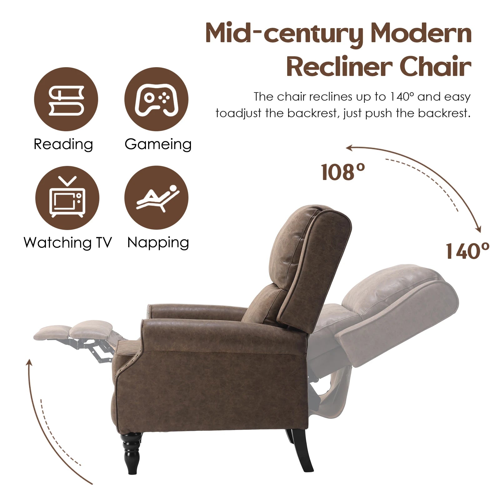 Modern Faux Leather Pushback Recliner Chair, Comfortable Manual Reclining Accent Chair for Living Room, Bedroom