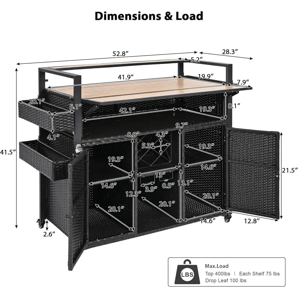 Black Outdoor Wicker Bar Cart with Extendable Plastic Wood Top and Large Storage Cabinet for Patio, Garden, and Poolside