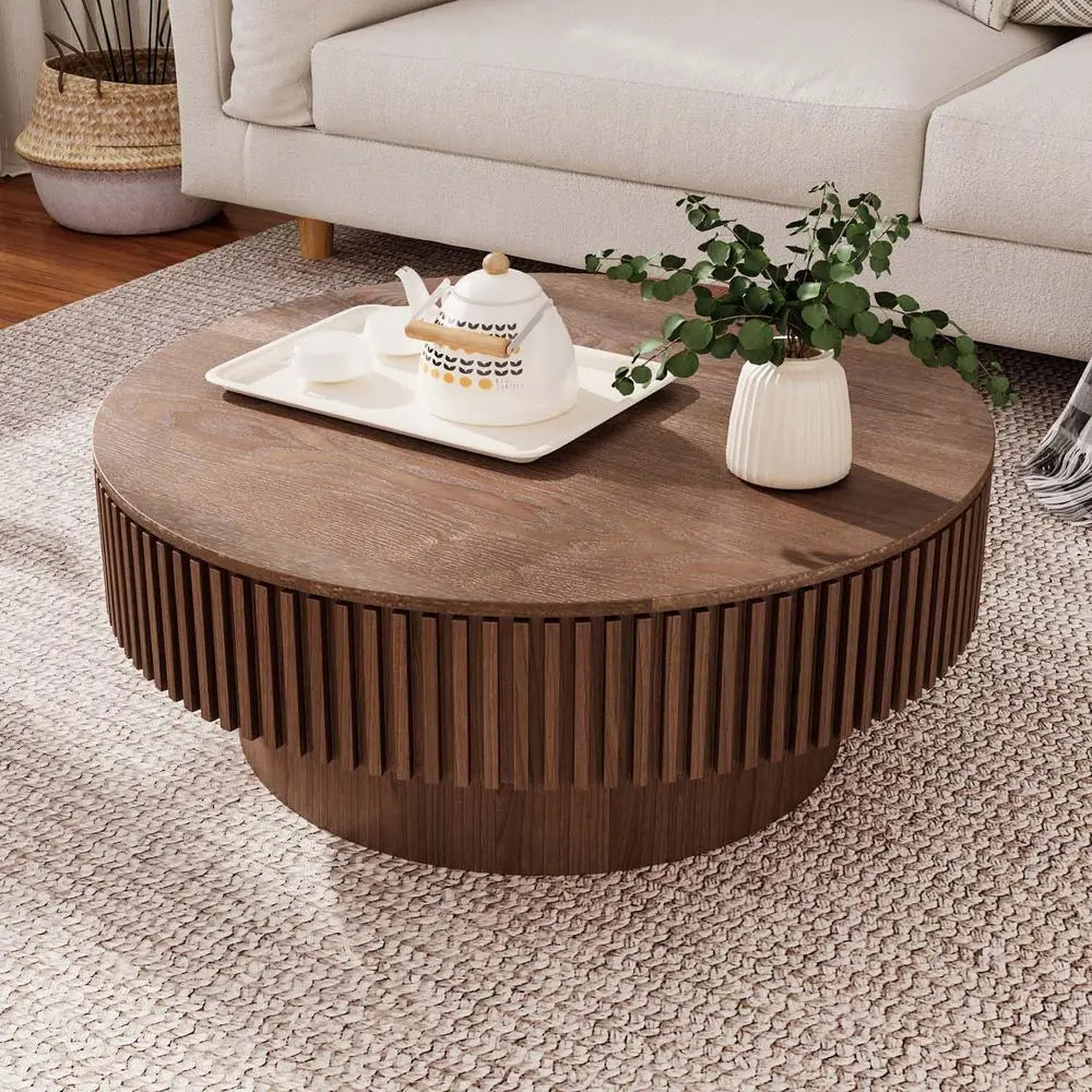 Walnut Round Coffee Table with Hidden Storage for Small Spaces – 31.5"