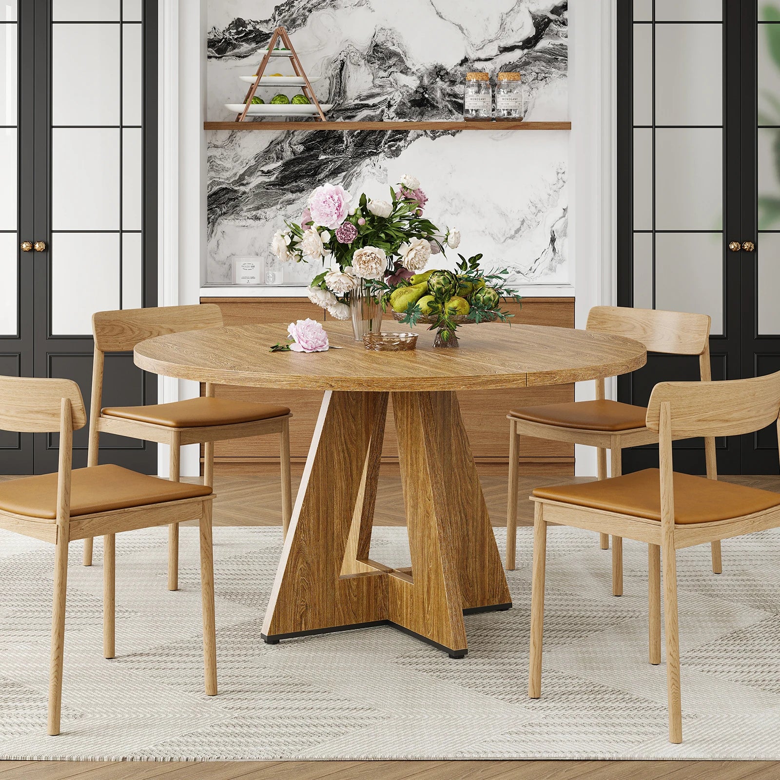 47" round Dining Table for 4-7, Modern Wood Table with Sturdy Metal Base, Large round Kitchen & Dinner Table, Easy Assembly