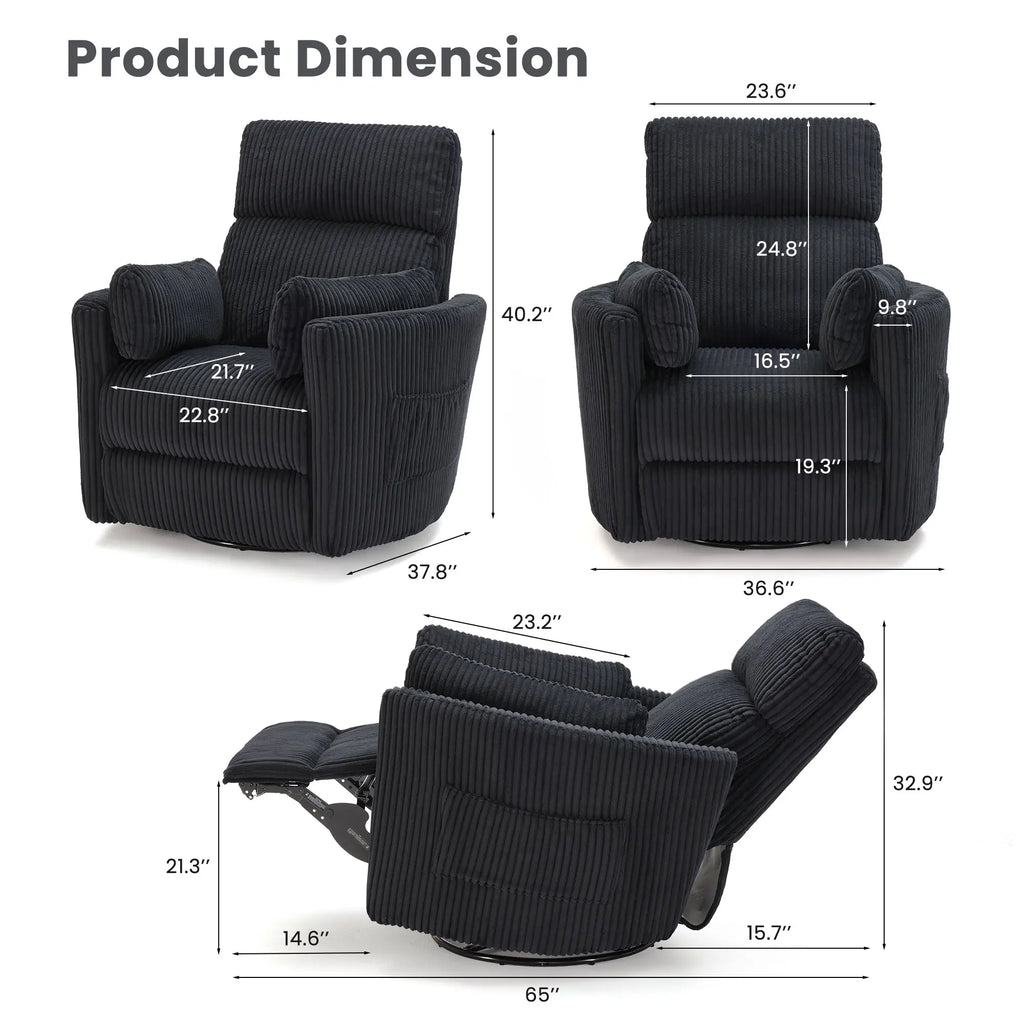 Electric Swivel Recliner Chair with USB Ports, Chenille Fabric, 300Lbs Capacity, Soft Pillows, for Living Room Home