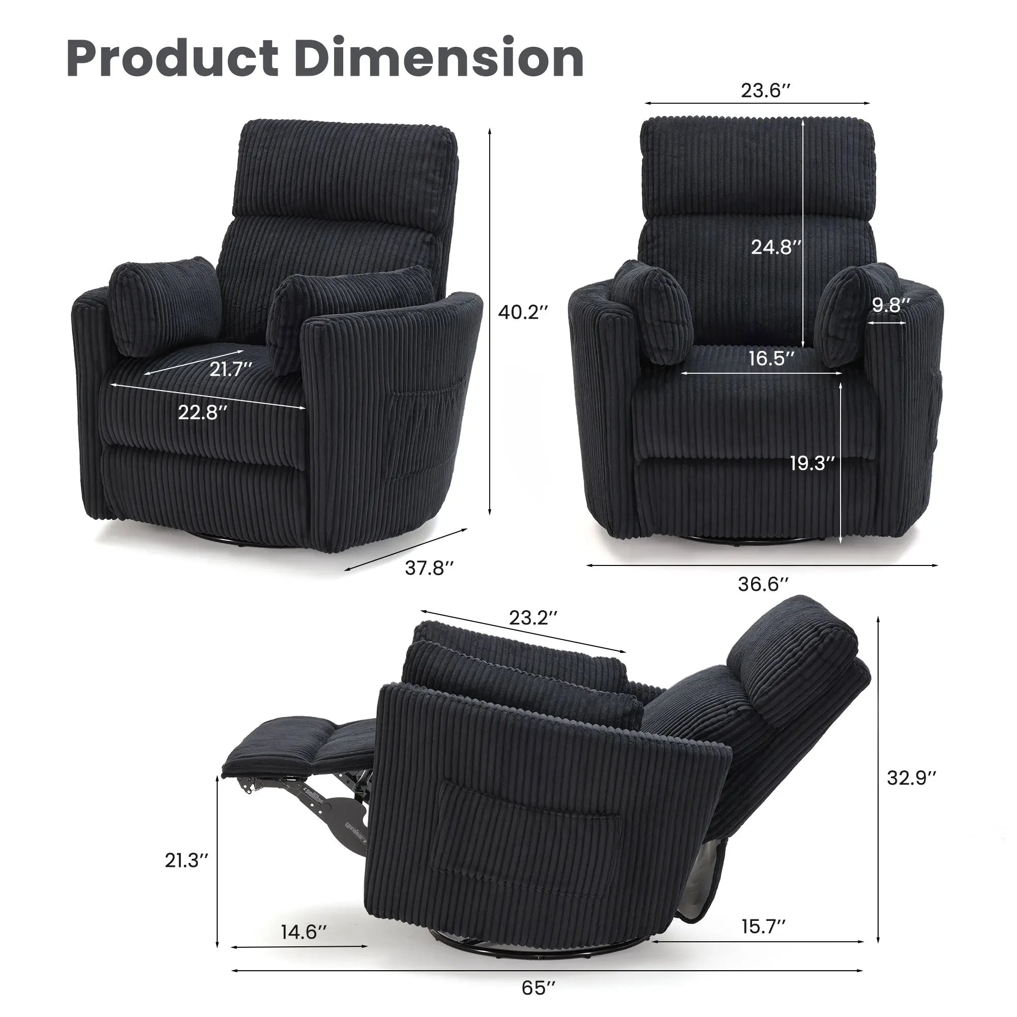 Electric Swivel Recliner Chair with USB Ports, Chenille Fabric, 300Lbs Capacity, Soft Pillows, for Living Room Home