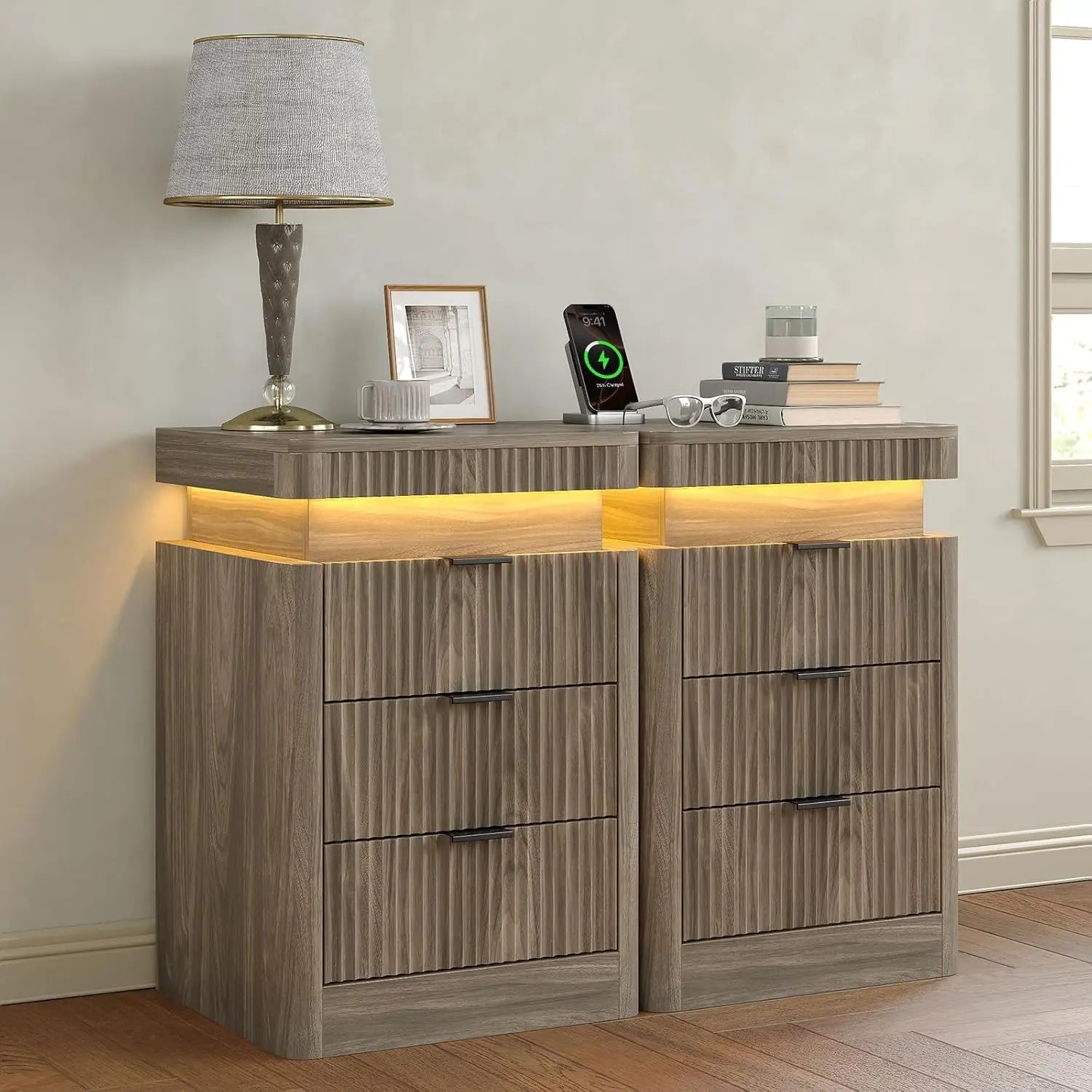 Fluted Night Stand with Charging Station Set of 2, 3-Drawer LED Bedside Tables for Bedroom, Modern Sofa Side Tables, Customized