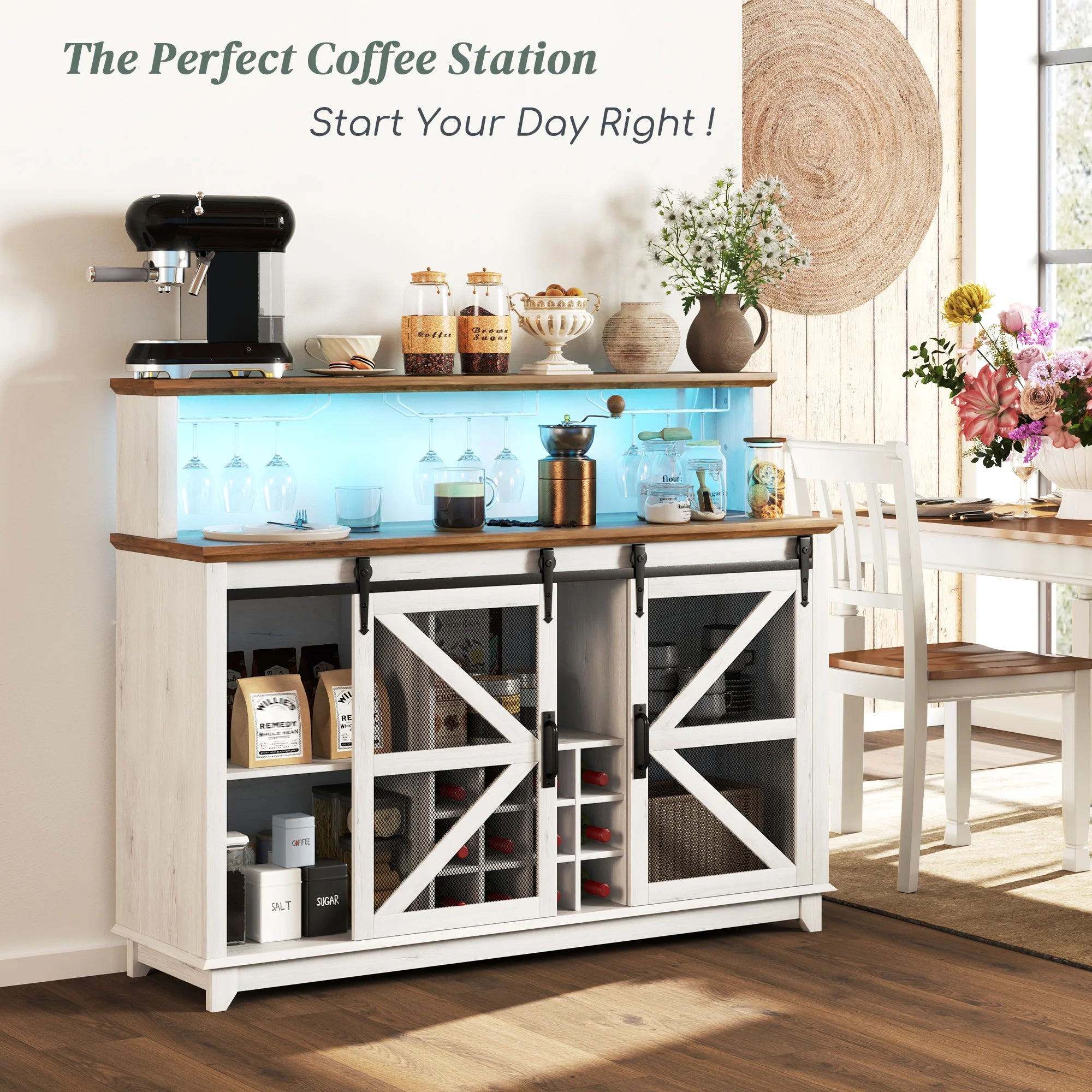 HOMCOM Farmhouse Coffee Bar Cabinet with Smart App Control LED Lights, 55" Wine Bar Cabinet with 12-Bottle Rack, Glass Holder, Kitchen Sideboard Buffet with Sliding Mesh Doors, Distressed White