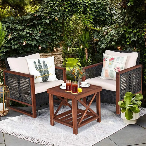 3-Piece Outdoor Wicker Sofa Set with Washable Cushions and Acacia Wood Coffee Table, Suitable for Bistro, Garden, or Balcony (Be