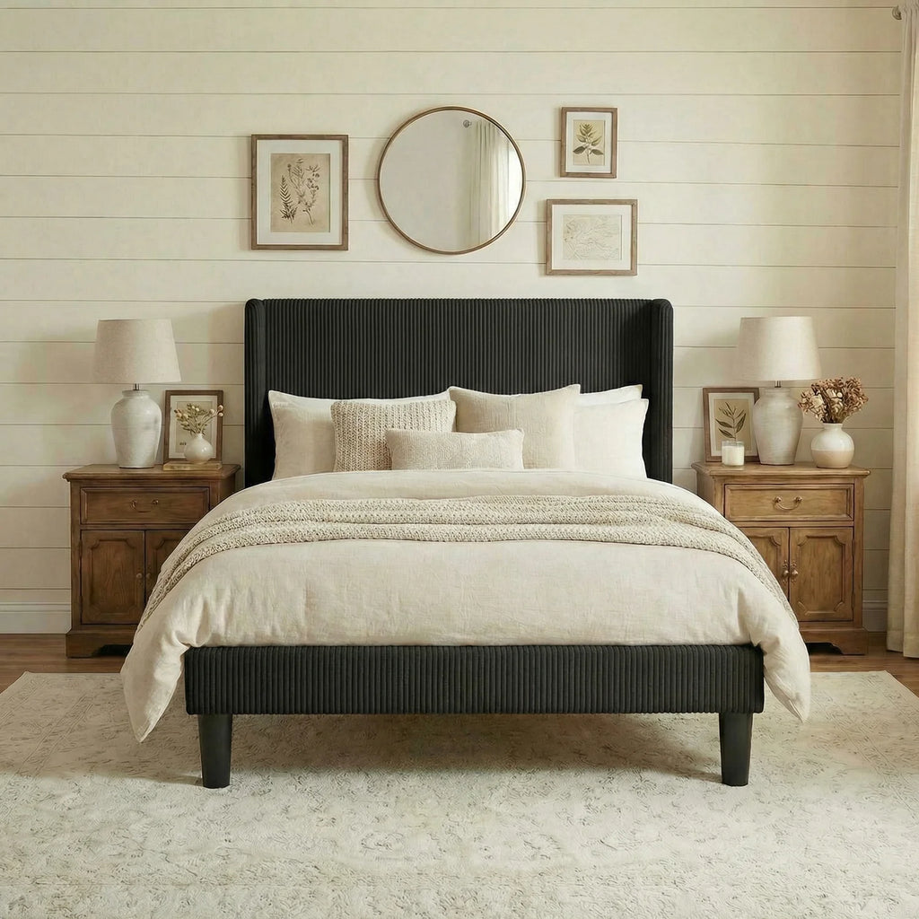 Corduroy Upholstered Platform Bed Frame, Wingback Channel Tufted Headboard, 8" Underbed Storage, No Box Spring Needed