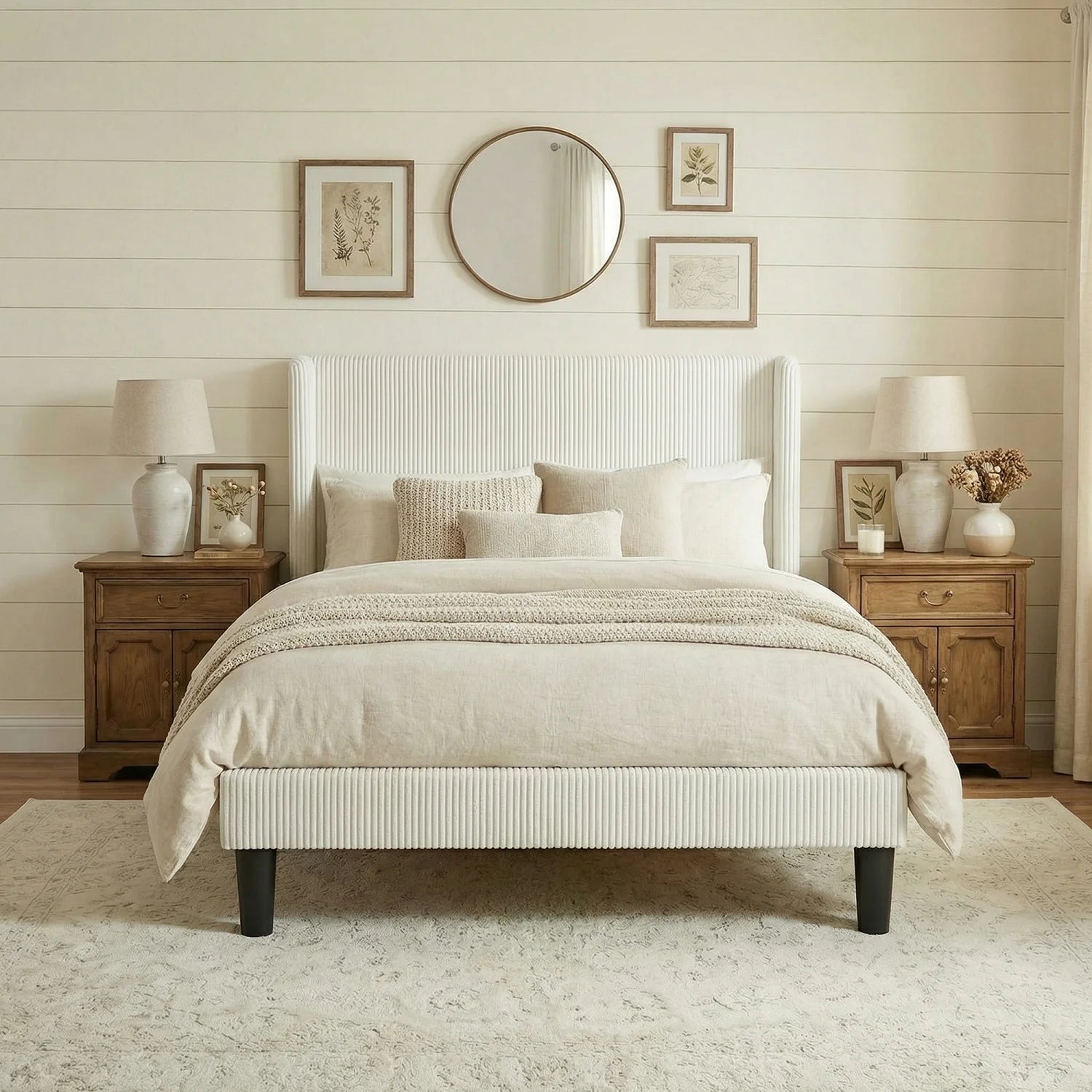 Corduroy Upholstered Platform Bed Frame, Wingback Channel Tufted Headboard, 8" Underbed Storage, No Box Spring Needed