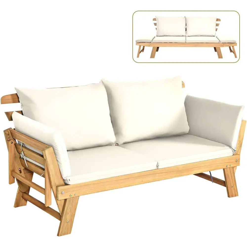 Acacia Wood Outdoor Daybed with Cushion & Pillows, Adjustable Armrest, Patio Sofa Bed for Courtyard, Poolside, and Garden