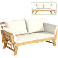 Transform Your Outdoor Space with the Convertible Acacia Wood Patio Couch Sofa Bed - Adjustable Armrests & Cozy Cushions Included!