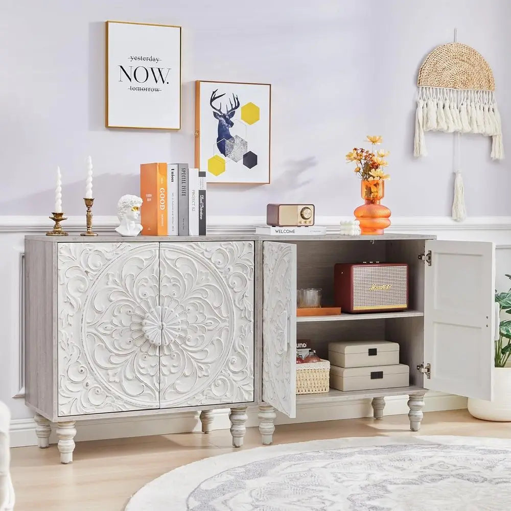 French-Style Vintage Sideboard Cabinet, 62 Wide, with 2 Carved Doors for Living, Hallway, Dining Rooms