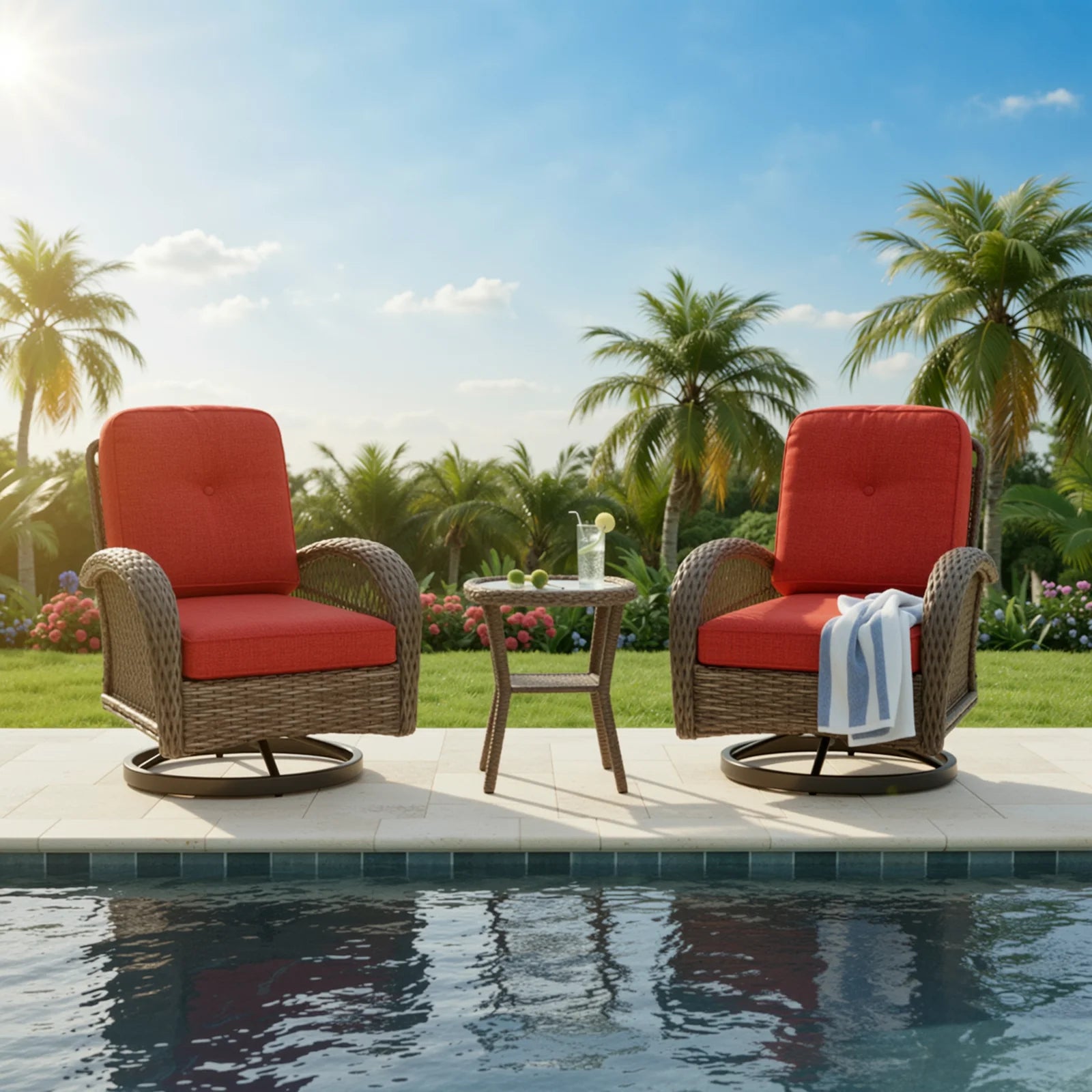 HOOMIC 3-Piece Patio Furniture Set, Outdoor Bistro Set, Rotating Rocking Chairs with Padded Cushions, Modern Conversation Set
