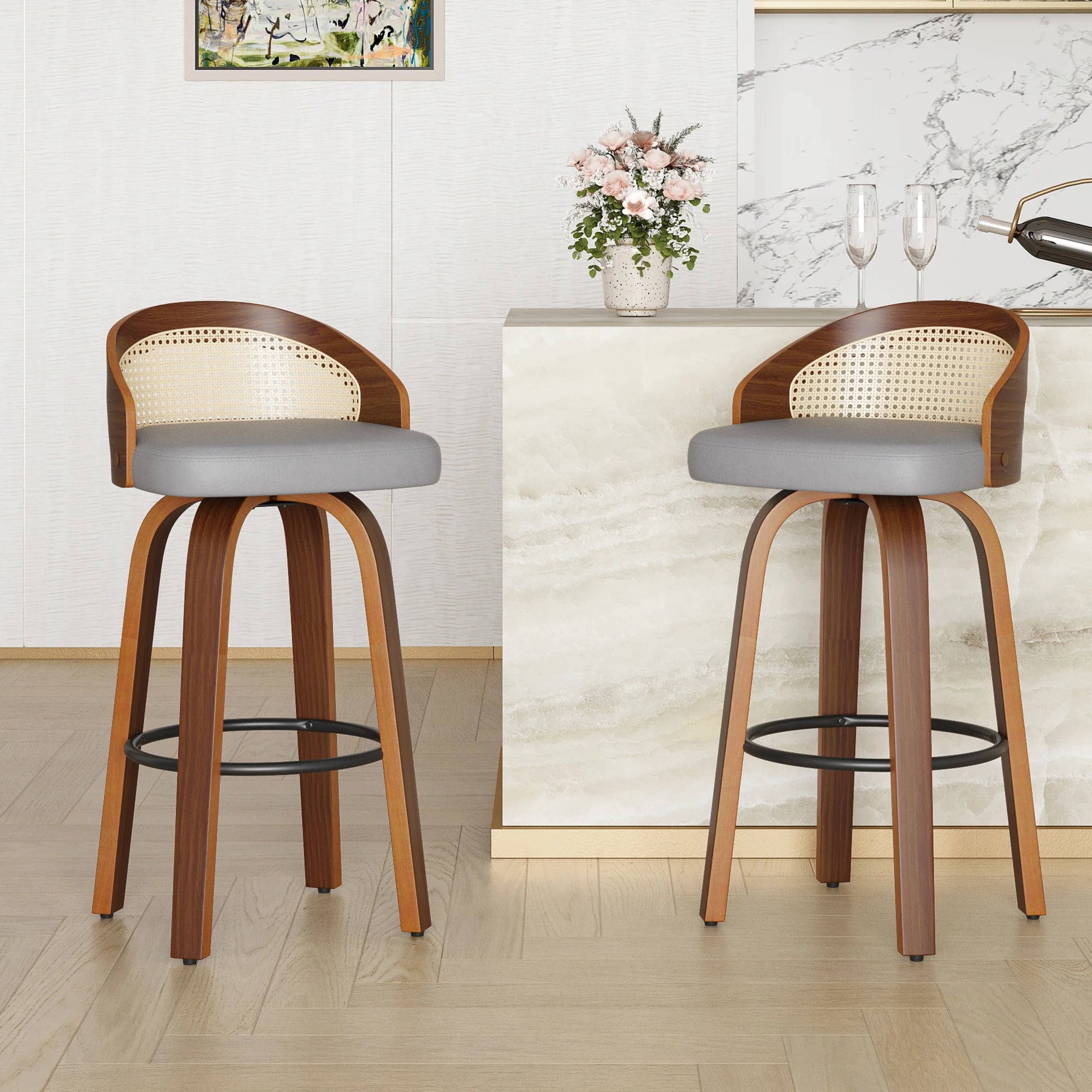 Set of 2 Swivel Bar Stools, Modern Wood Frame with Rattan Back, PU Leather Seat for Kitchen Counter, Bar Table