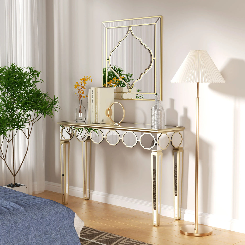 Mirrored Console Table:Modern Rectangular Silver Mirrored Entryway Table with Gold Rim Decorative Sofa Table 4 Legs for Hallway