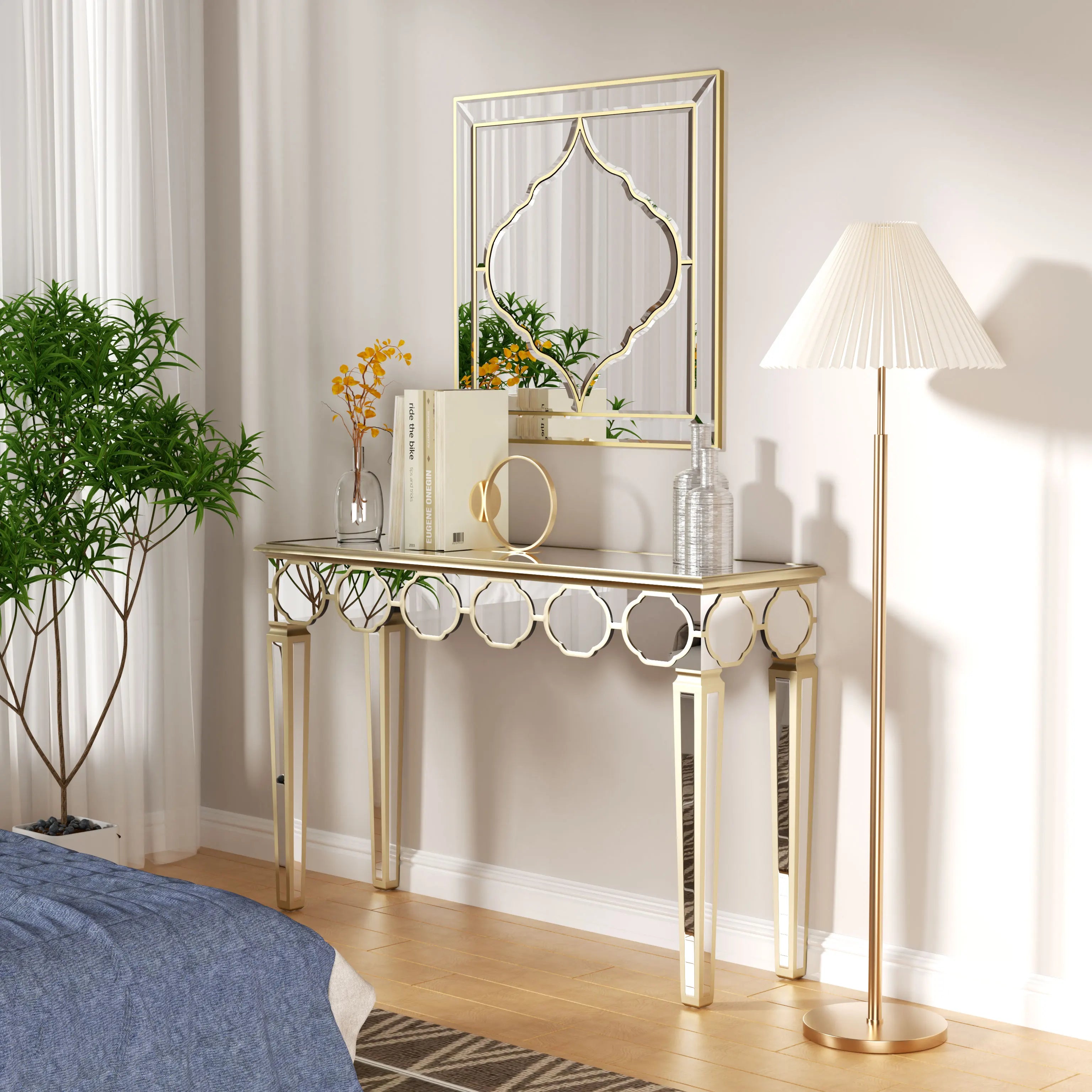 Mirrored Console Table:Modern Rectangular Silver Mirrored Entryway Table with Gold Rim Decorative Sofa Table 4 Legs for Hallway