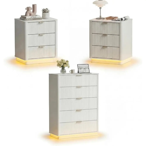 3-Piece Bedroom Set with Charging Station, 5-Drawer Dresser & Nightstand with Motion Sensor Lights – White