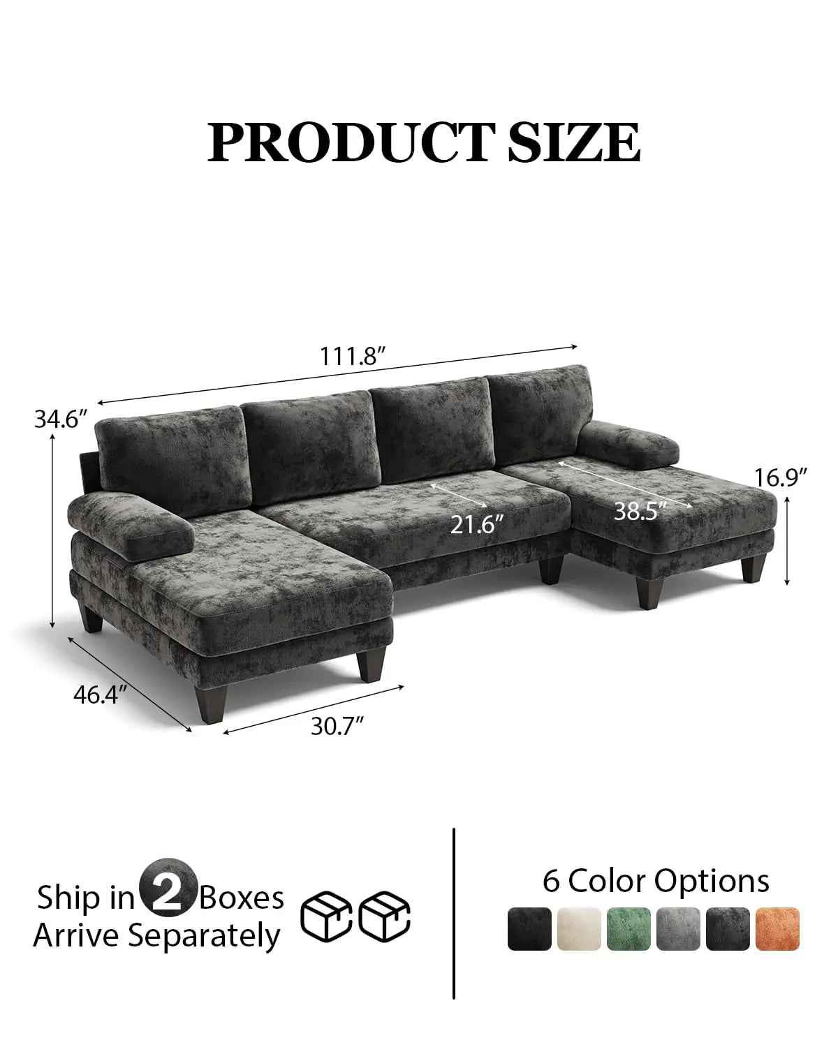 U-Shaped Sectional Couches for Living Room | Chenille Sofa with Double Chaise | 112 Inch Dark Grey Sectionals Couch, Customized