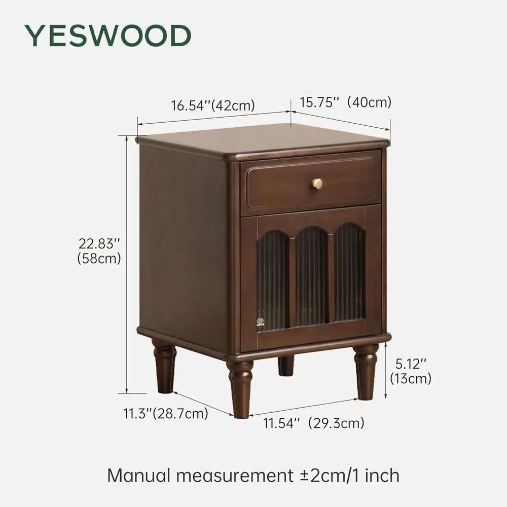 Solid Walnut Nightstand with Drawer & Glass Door – Vintage Bedroom Side Table