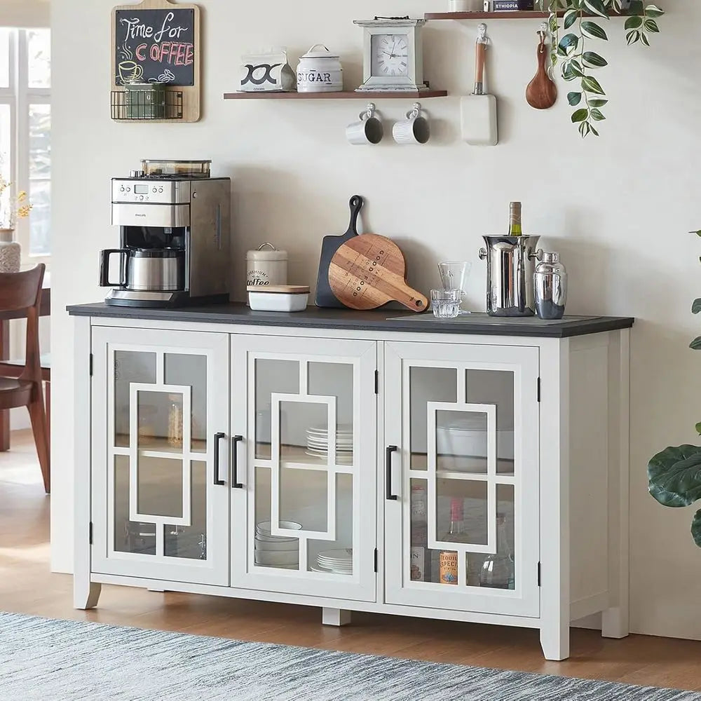 55 White Modern Sideboard Buffet Cabinet with Glass Door Storage for Kitchen, Dining, Living Room