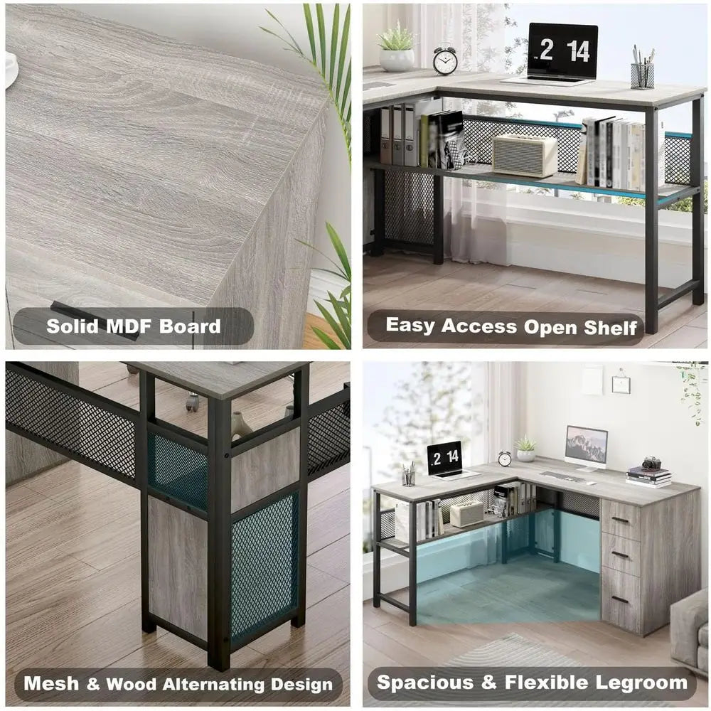 Gray L-Shaped Desk with Drawers, Large Workstation, Storage Shelves, Light Grey Oak, 59 Inch