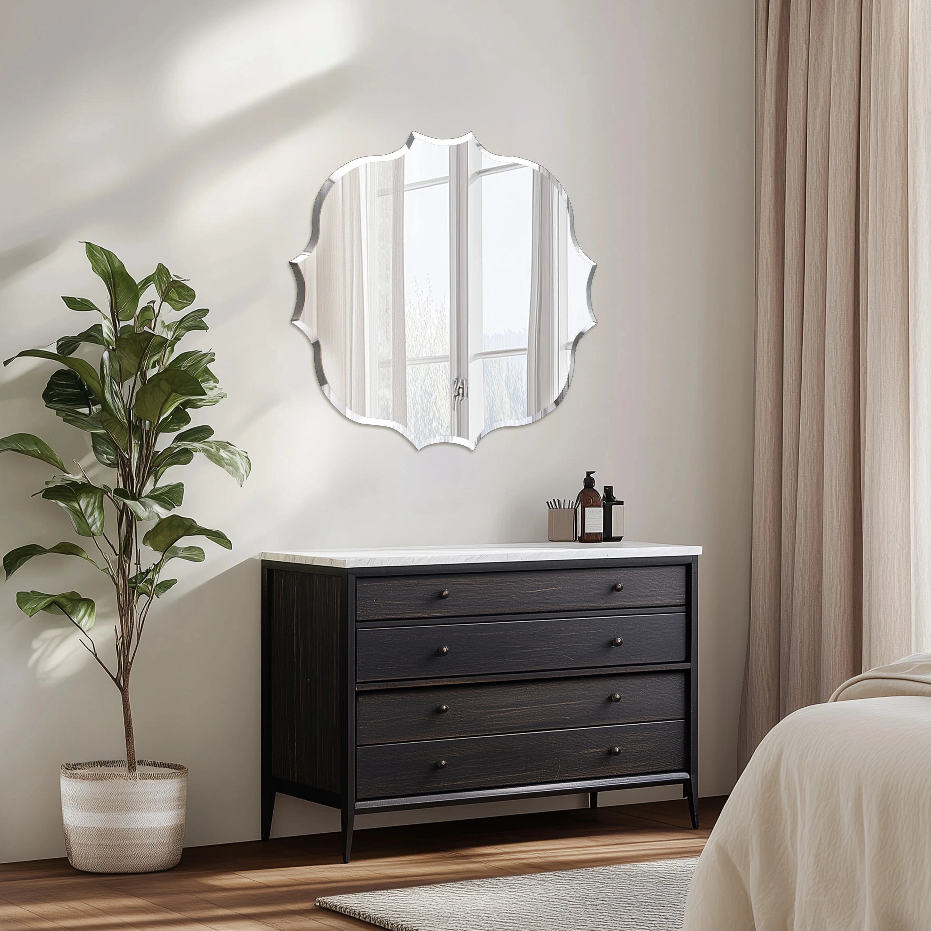 Frameless Silver Square Wall Hanging Mirror, Elegant Beveled Edges Frameless Wall Hanging Mirror, Modern Accent Decor