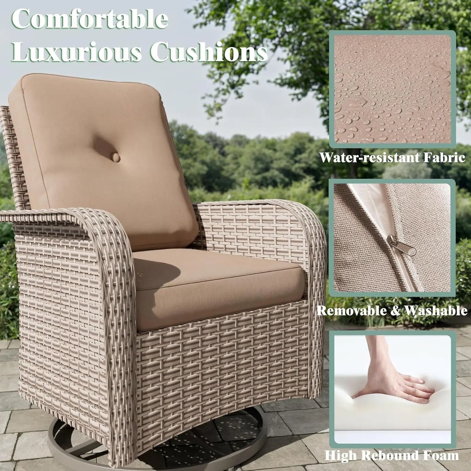 5 Pieces Patio Furniture Set with 2 Ottomans, Outdoor Swivel Glider Rocker Chairs with Rattan Side Table, Wicker, Customized