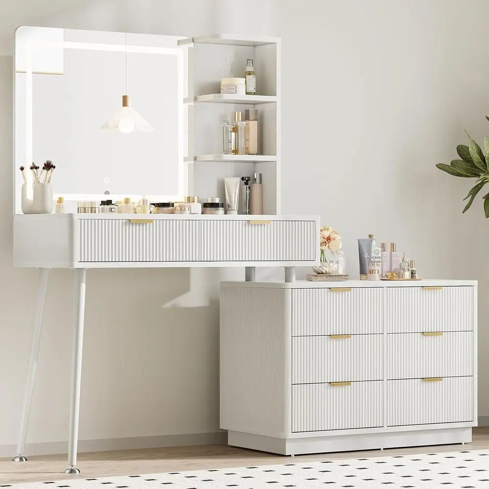 65-Inch White LED Makeup Vanity with Mirror – Glass Top, 8 Drawers & Storage Shelves for Bedroom