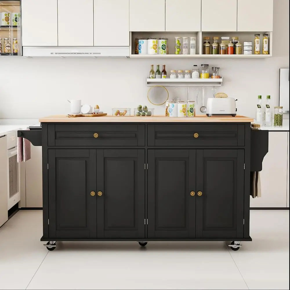 67 Rolling Kitchen Island with Drop Leaf Breakfast Bar, Storage Cabinet, and Spice Rack in Black