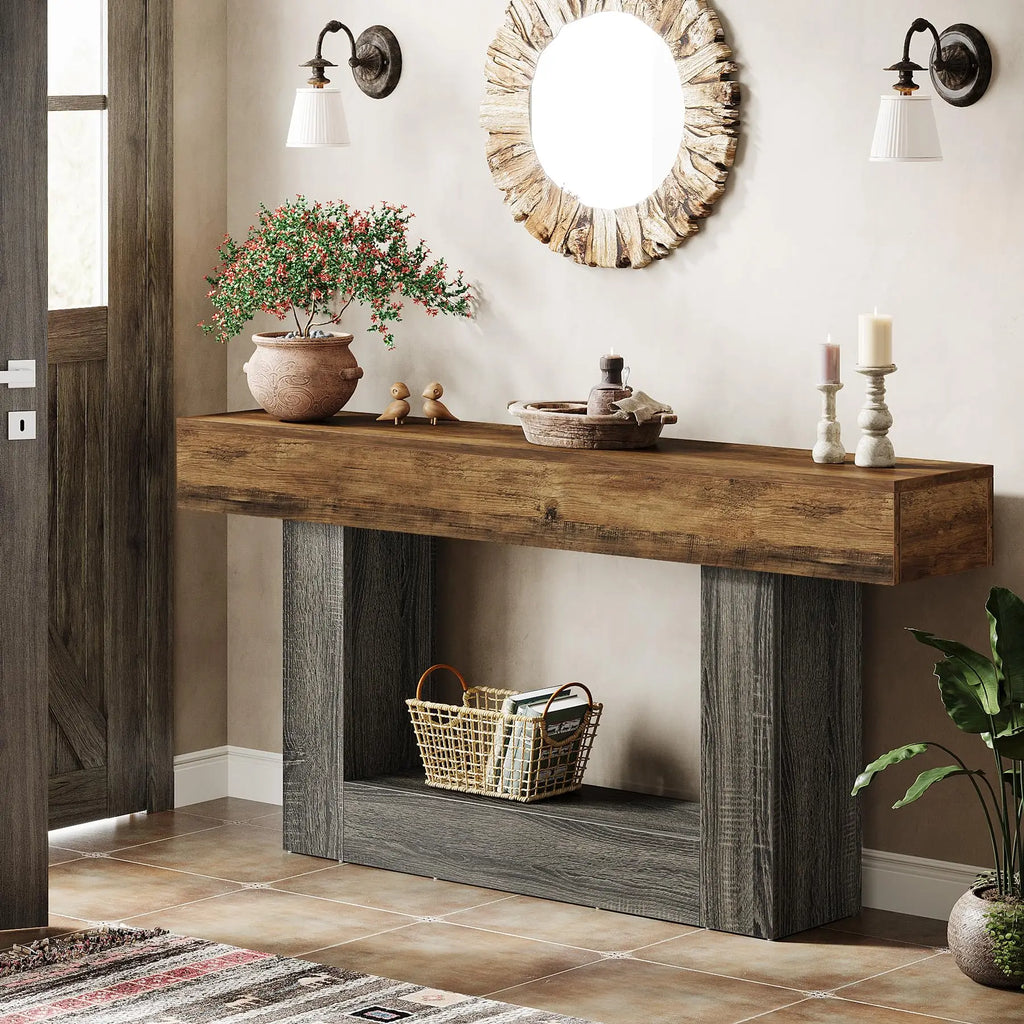 63" Console Table, Farmhouse 2-Tier Entryway Table with U-Shaped Base,Narrow Long Wood Sofa Table behind Couch Table