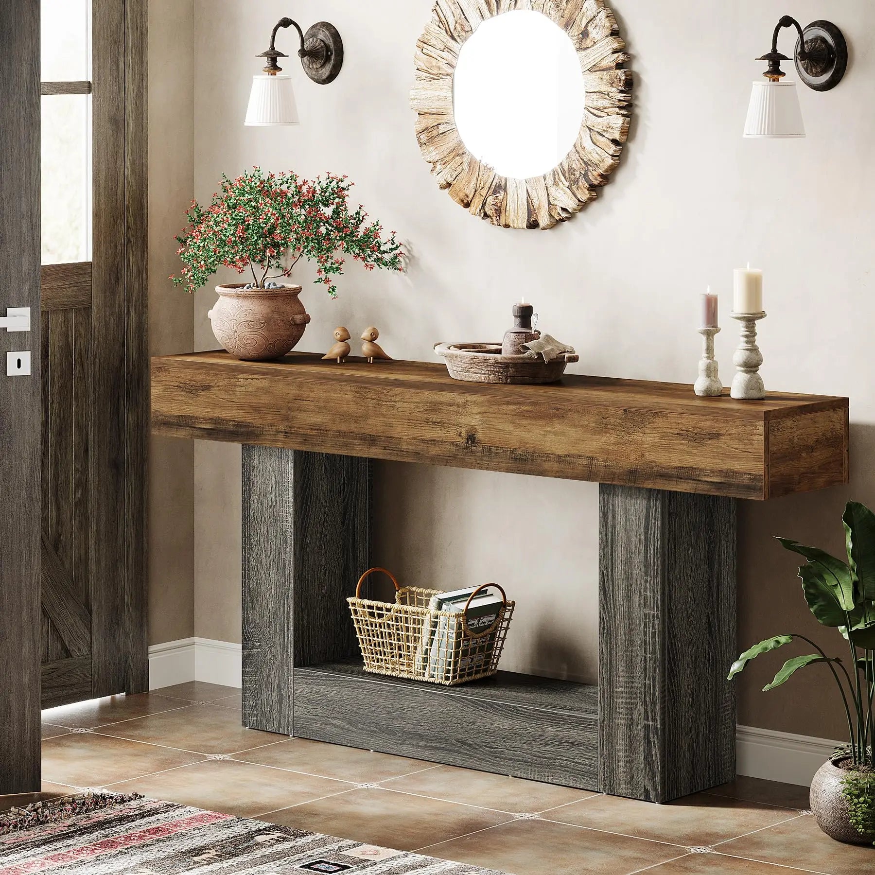 63" Console Table, Farmhouse 2-Tier Entryway Table with U-Shaped Base,Narrow Long Wood Sofa Table behind Couch Table