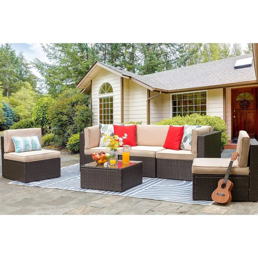 6-Piece Outdoor Sectional Sofa Set, Beige PE Wicker Rattan Patio Furniture with Coffee Table for Garden, Backyard, Poolside