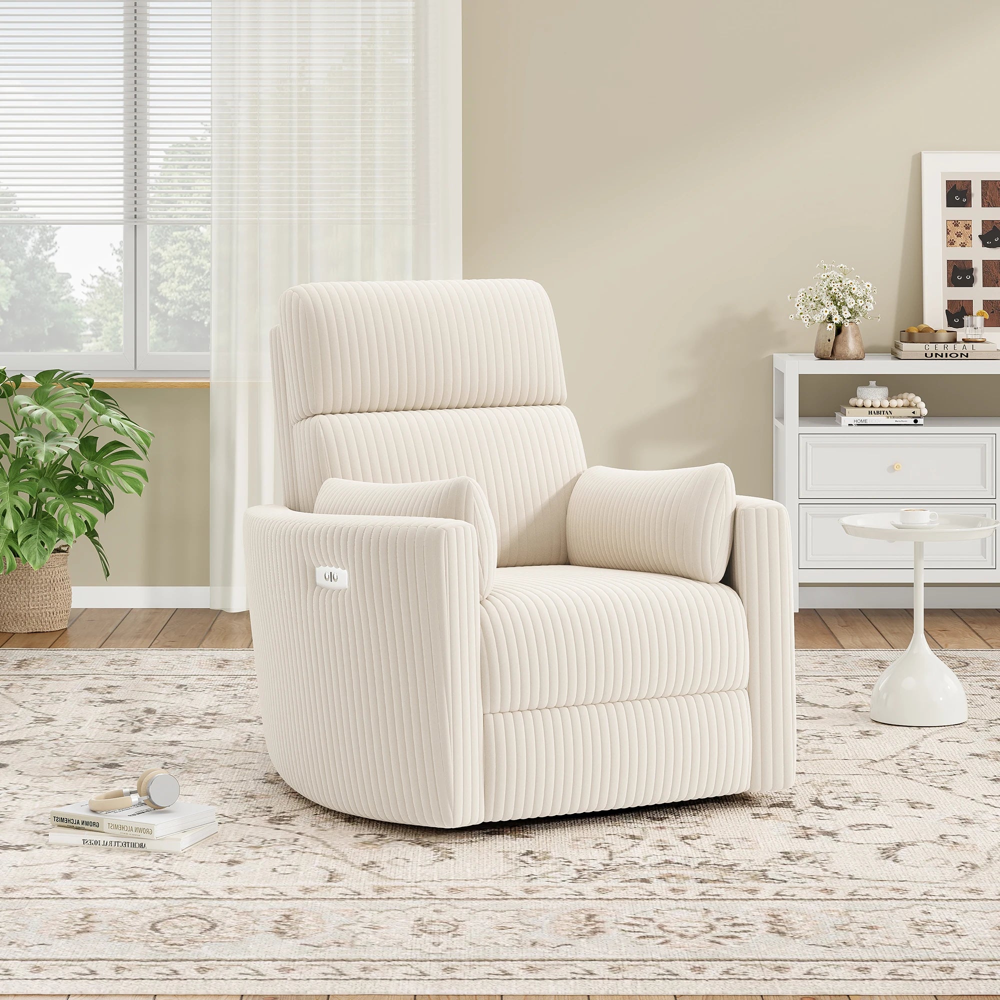 Electric Swivel Recliner Chair with USB Ports, Chenille Fabric, 300Lbs Capacity, Soft Pillows, for Living Room Home