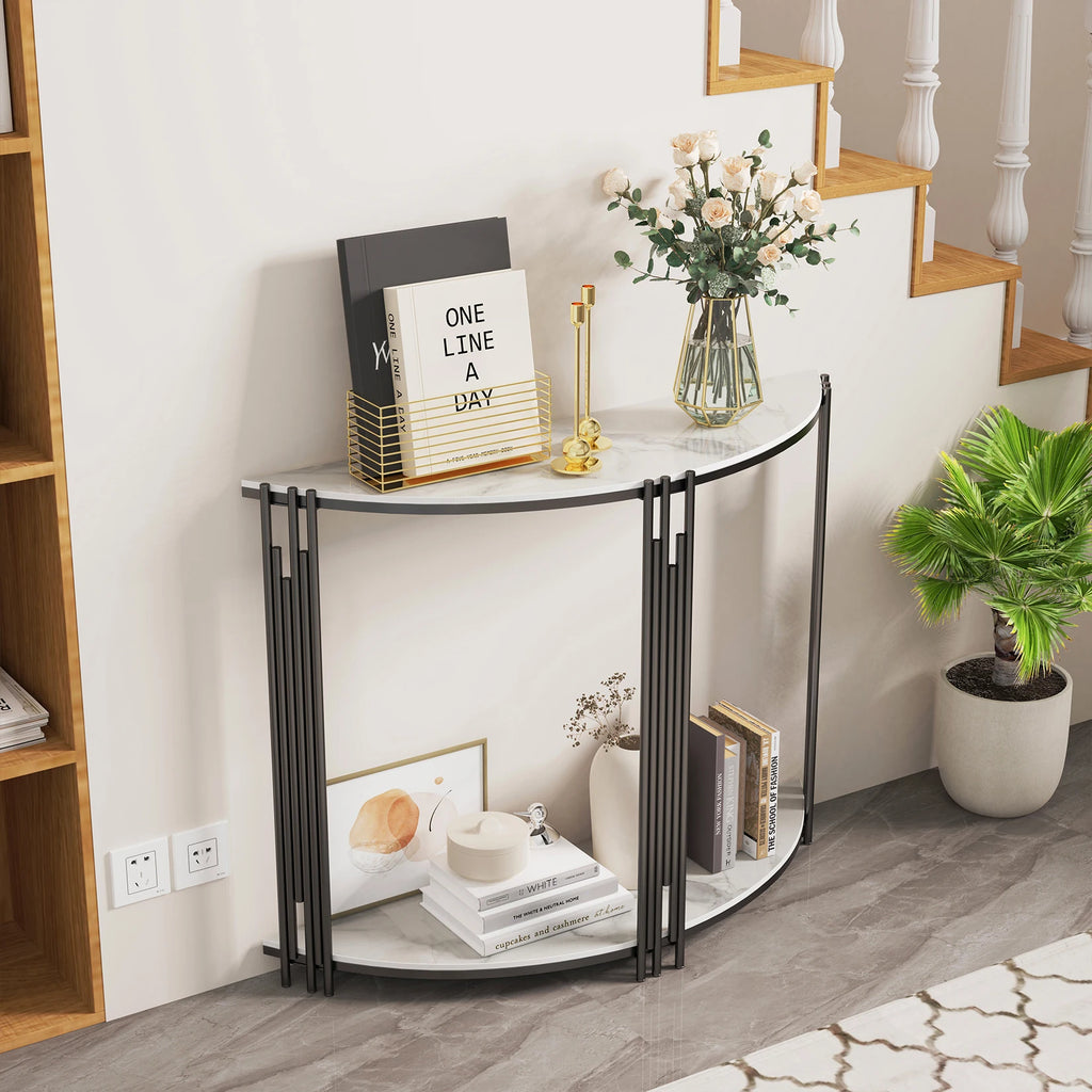 Half Moon Tiered Real Marble Entry Console Table Hallway Entryway Furniture for Entrance, Home Living Room