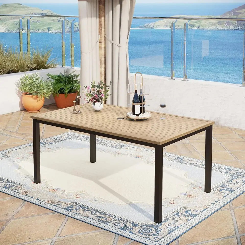 64X38 Outdoor Patio Dining Table with Wood-Like Tabletop and Adjustable Umbrella Hole for Deck, Backyard, Lawn, Garden