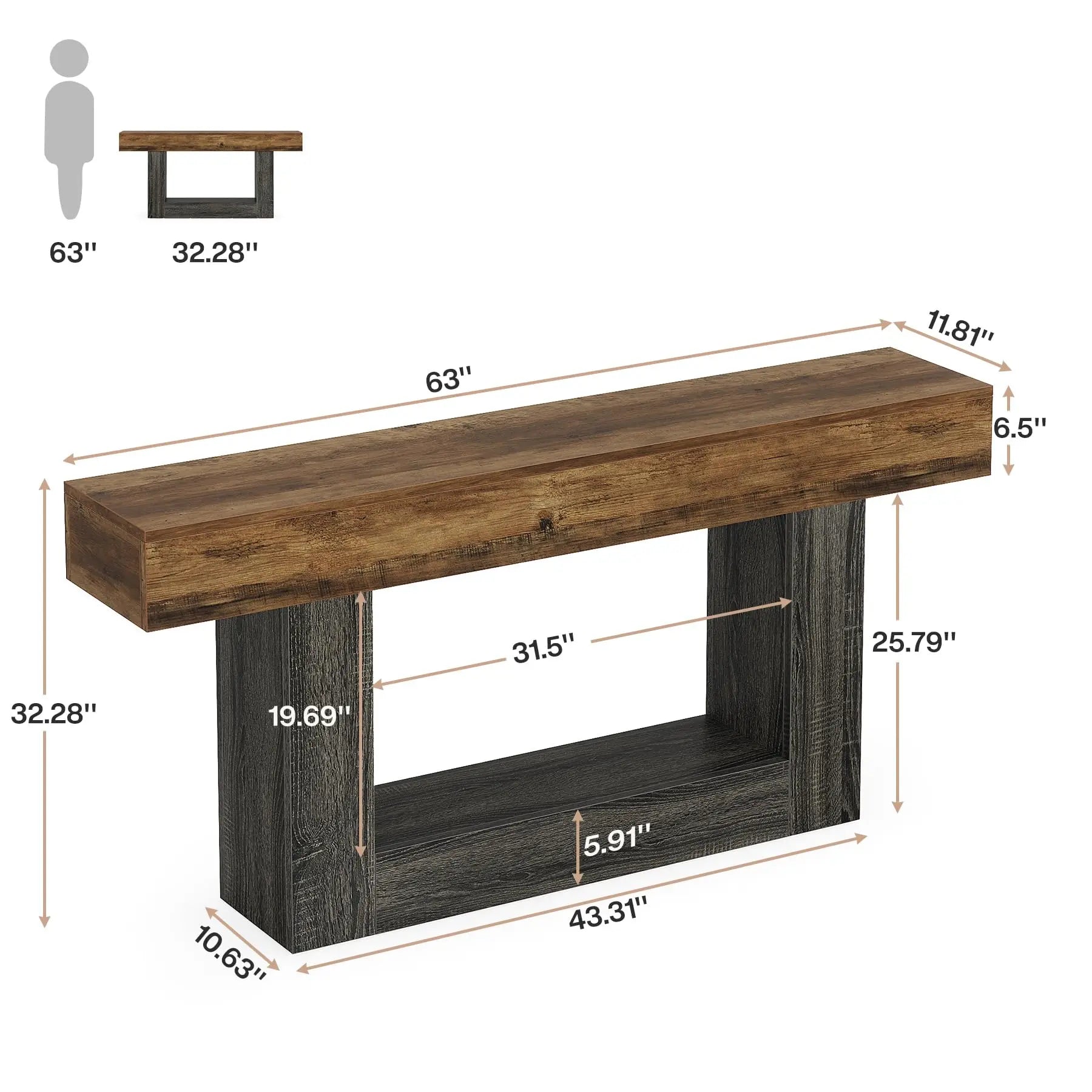 63" Console Table, Farmhouse 2-Tier Entryway Table with U-Shaped Base,Narrow Long Wood Sofa Table behind Couch Table