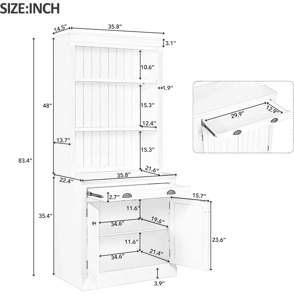 83.4 Tall White Solid Wood Bookcase with Cabinet, Drawers, Adjustable Shelves & LED Lighting for Home Office Living Room Storage