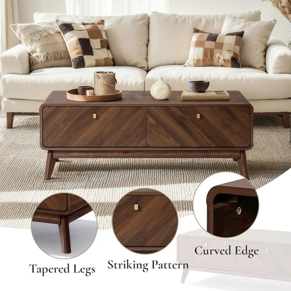 47" Mid-Century Modern Coffee Table with Storage & Live Edge Wood Design