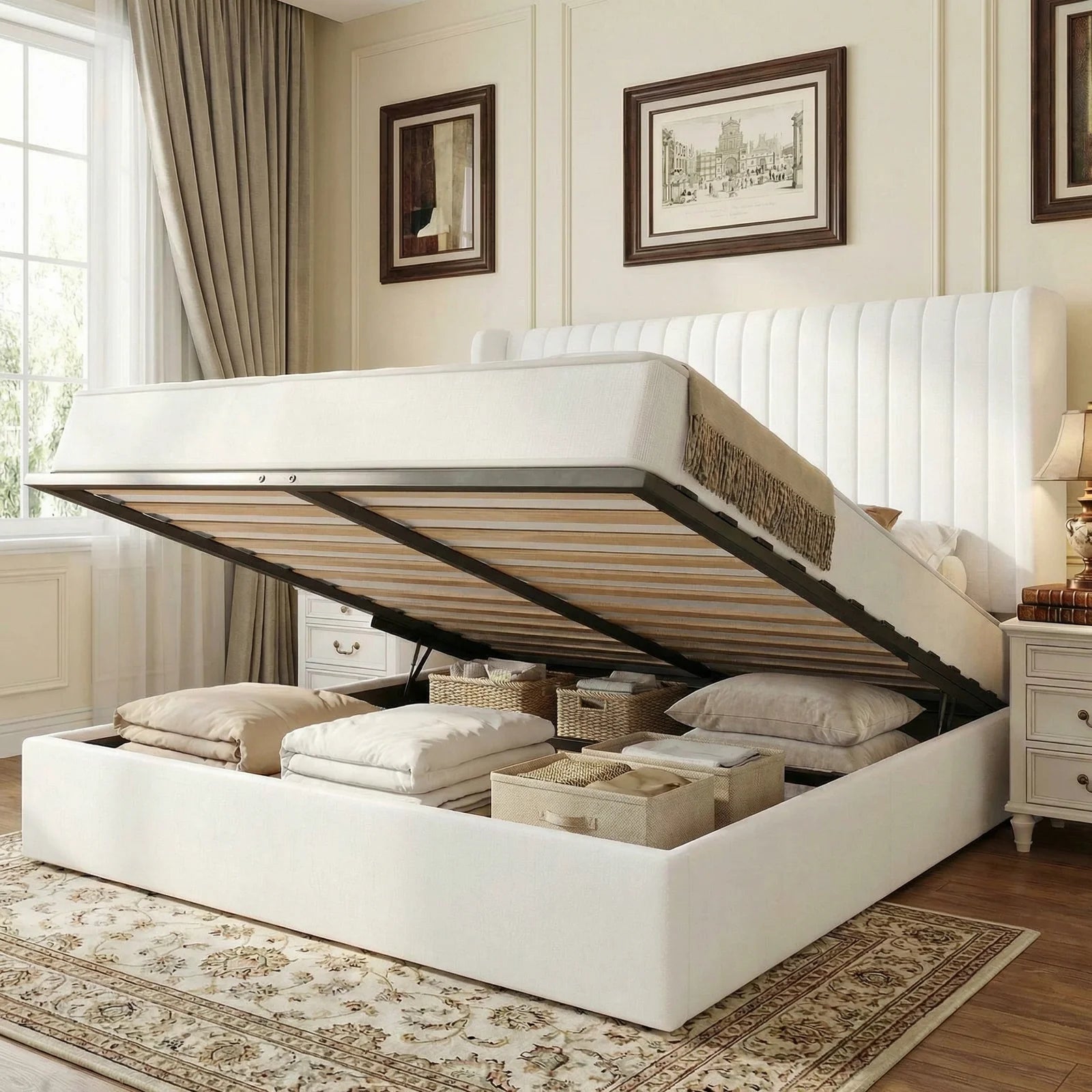Full/Queen/King Lift up Storage Bed Frame, Hydraulic Support System, Upholstered Platform Bed Frame, underneath Storage,