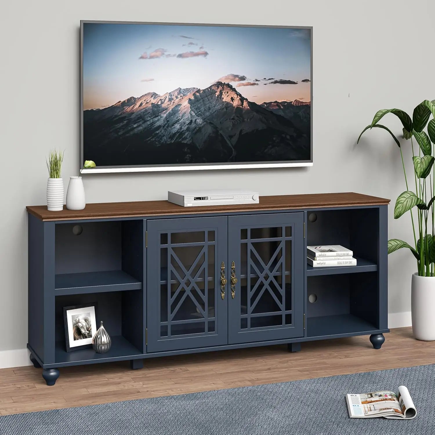 70 Inch TV Stand Entertainment Center with 2 Front Glass Doors and Shelf for Tvs up to 80", Farmhouse TV Console, Customized