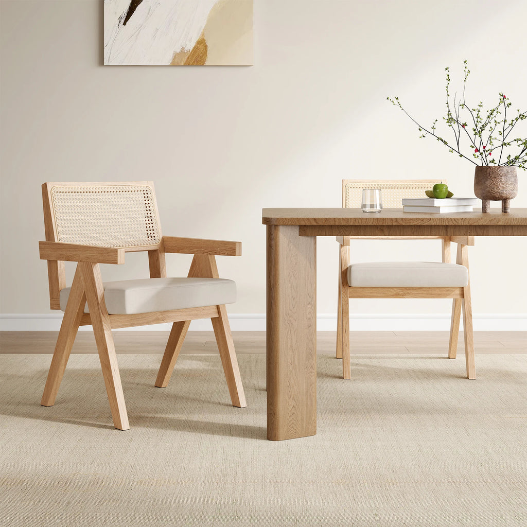 Set of 2 Mid-Century Rattan Dining Chair, Solid Ash Wood Frame, Woven Rattan Back, High-Resilience Foam, Non-Slip Pads