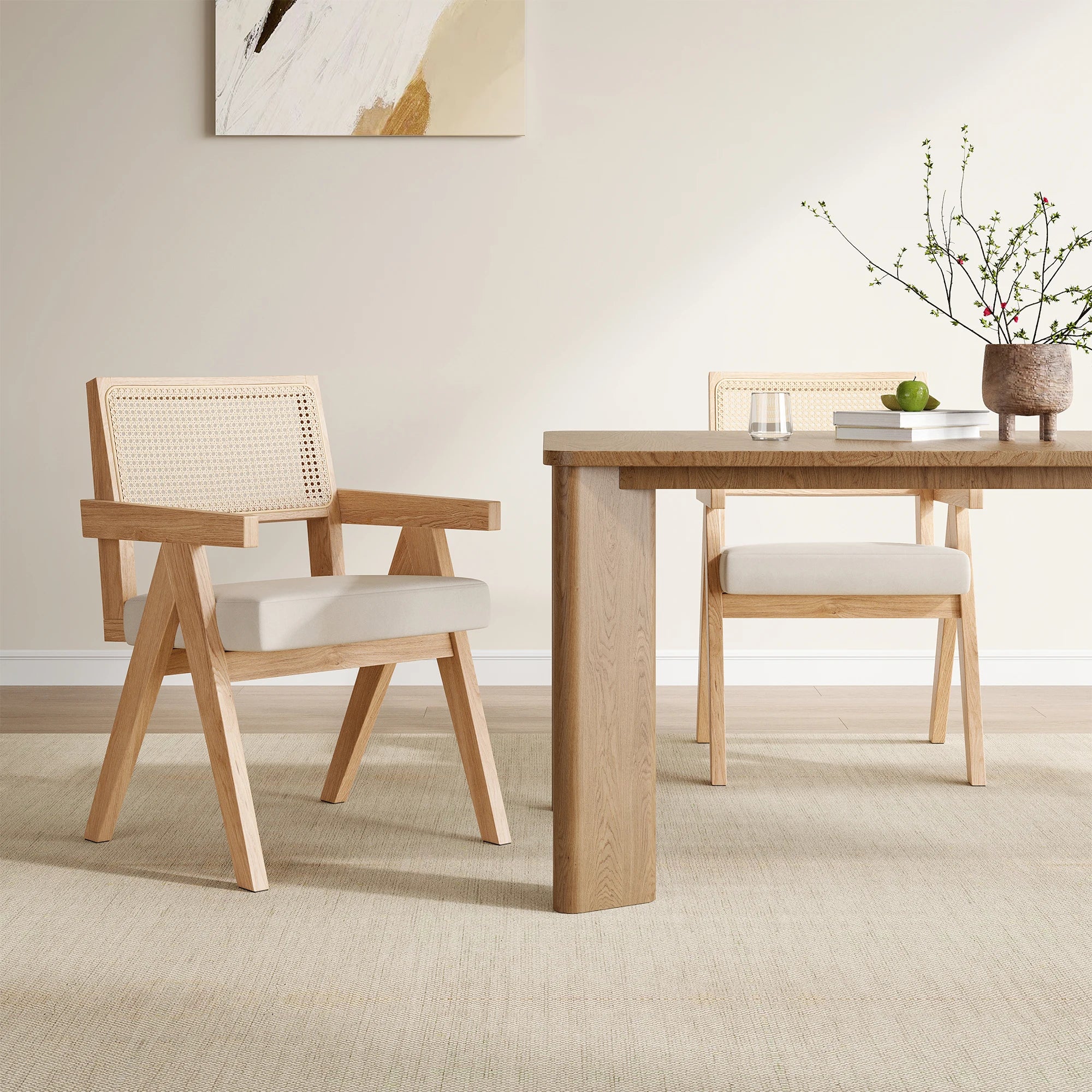 Set of 2 Mid-Century Rattan Dining Chair, Solid Ash Wood Frame, Woven Rattan Back, High-Resilience Foam, Non-Slip Pads