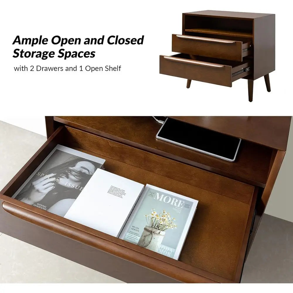 Charging Station End Table with Modern Design & Walnut Finish