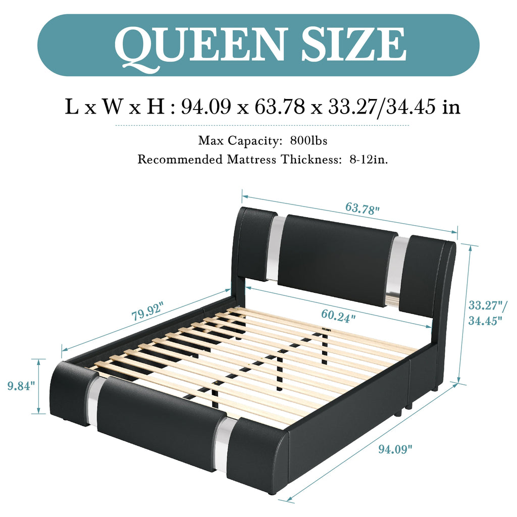 Modern Faux Leather Bed Frame with Iron Pieces Decor, Low Profile Platform Bed with Height-Adjustable Headboard