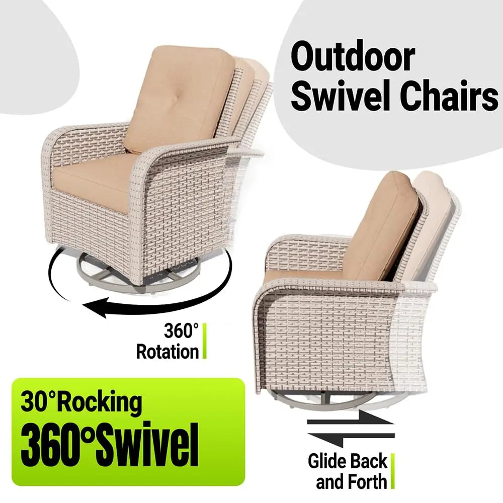 5 Pieces Patio Furniture Set with 2 Ottomans, Outdoor Swivel Glider Rocker Chairs with Rattan Side Table, Wicker, Customized
