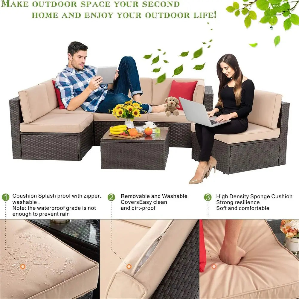6-Piece Outdoor Sectional Sofa Set, Beige PE Wicker Rattan Patio Furniture with Coffee Table for Garden, Backyard, Poolside