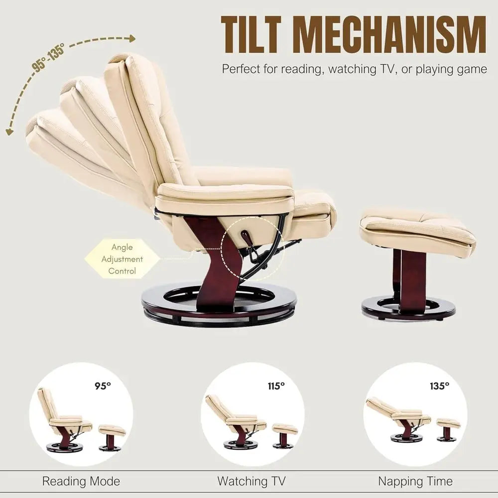 Swivel Recliner Chair with Ottoman, Beige PU Leather – 360° Reclining Lounge Chair