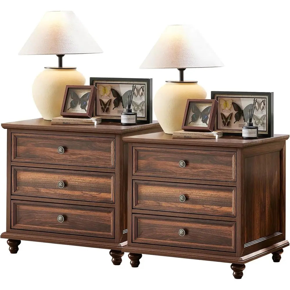 2-Piece Brown Wood Nightstand Set with Drawers – Wide Farmhouse End Tables with Metal Handles for Bedroom & Living Room