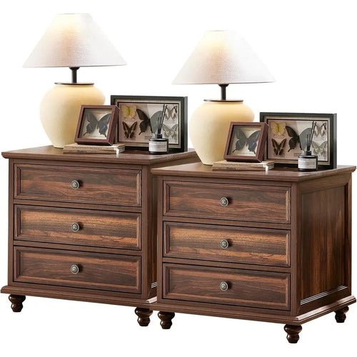 2-Piece Brown Wood Nightstand Set with Drawers – Wide Farmhouse End Tables with Metal Handles for Bedroom & Living Room
