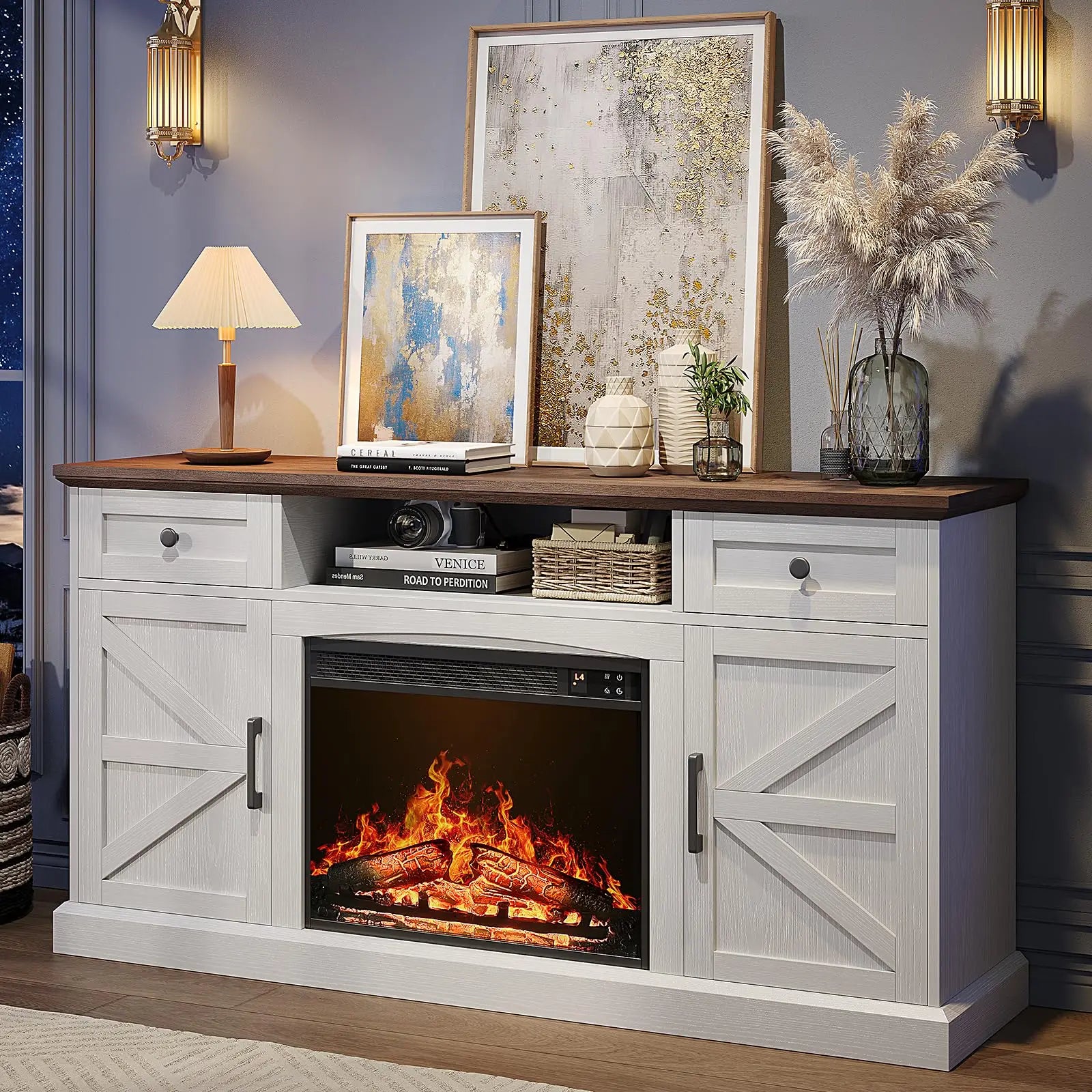 Farmhouse TV Stand with 23-Inch Electric Fireplace, Entertainment Center for Tvs up to 70 Inches, Media Console Table with Drawers and Storage, Antique White
