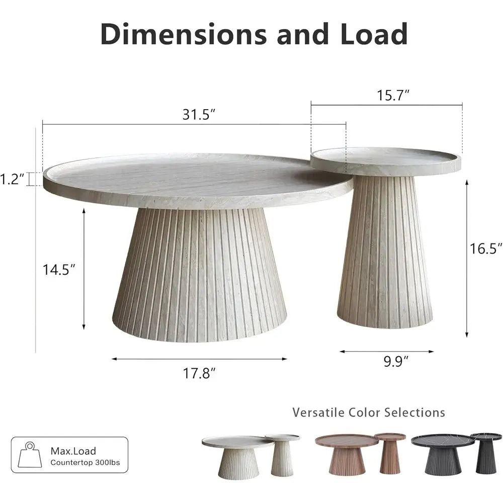 2-Piece Round Coffee Table Set with Marble Veneer – Nesting Travertine Tables for Living Room & Office