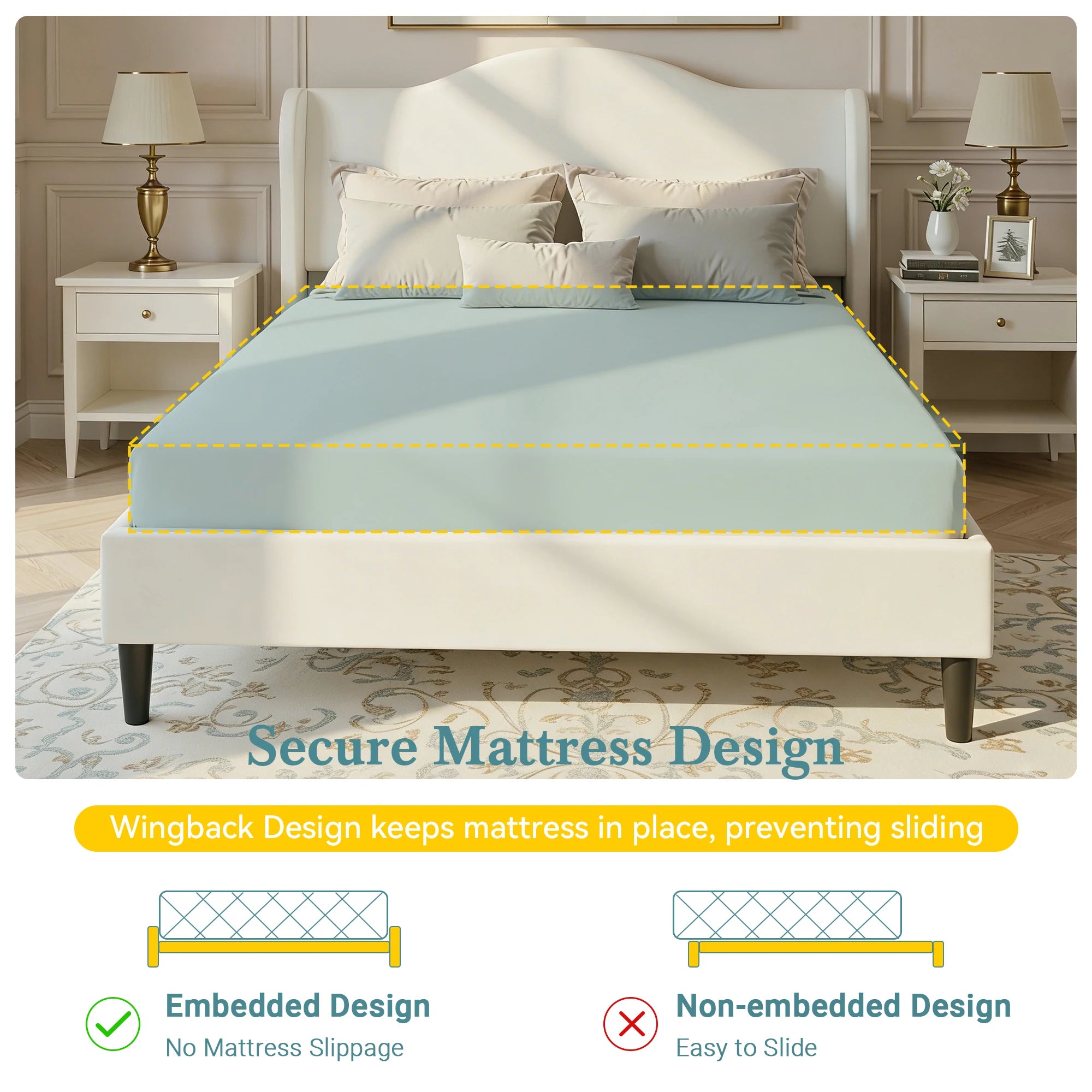 Full/Queen/King Size Modern Velvet Upholstered Bed Frame with Wingback Headboard, Wood Slats, No Box Spring Needed